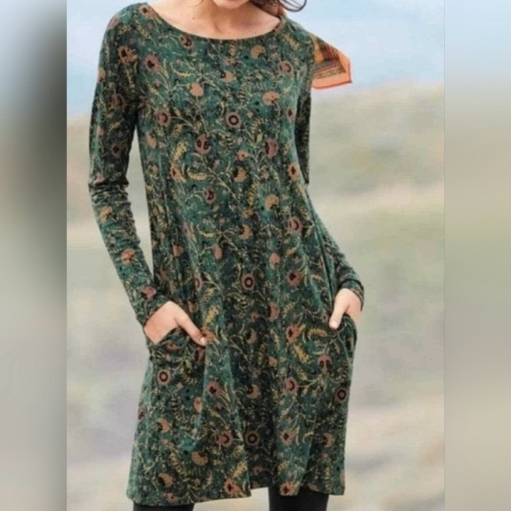 Peruvian Connection Orla Floral Cotton Boho Cottage Pockets Long Sleeve Dress S